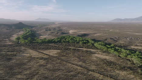 Slow-aerial-overhead-footage-of-a-creekbed-and-desert-in-southern-Arizona