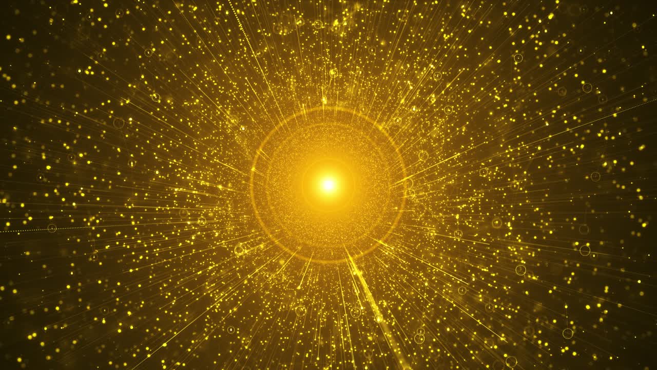 Yellow particles scattering outward from center yellow light forming glowing rings for celebration