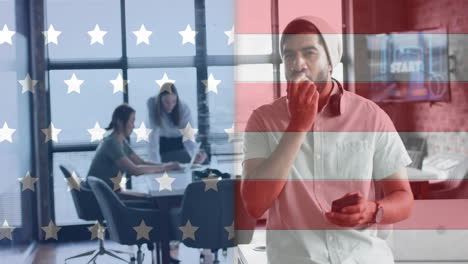 animation of flag of usa over diverse business people in office