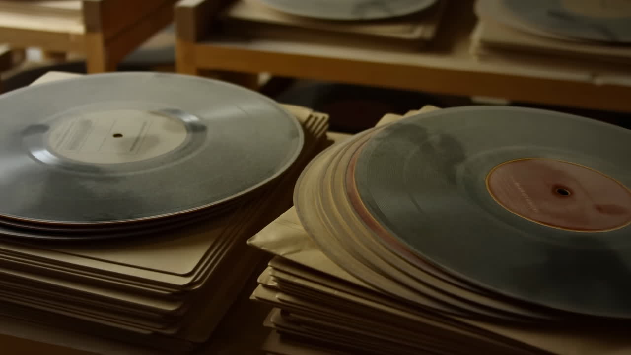 Vintage vinylplader stablet på hylder, støvede omslag og slidte etiketter, varmt, svagt lys, samler der sorterer