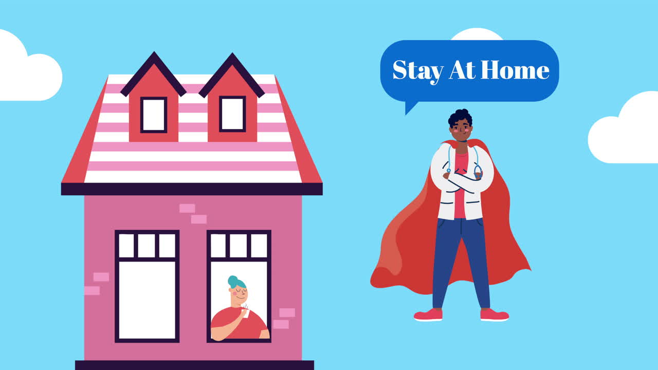 히어로 망토와 건물을 가진 아프로 의사