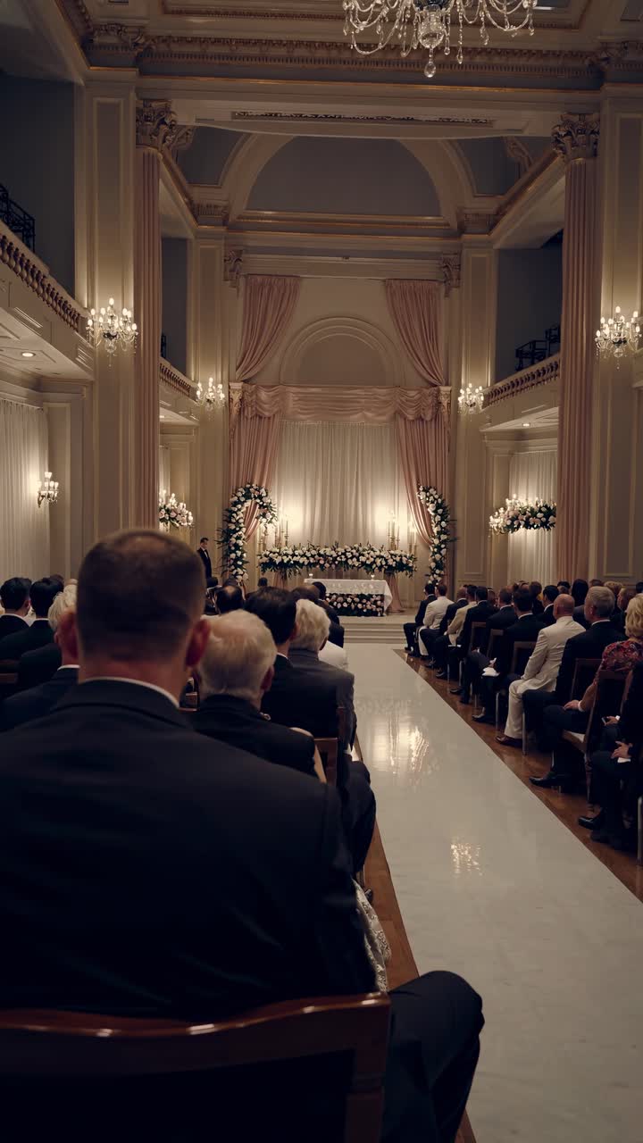 Elegante cerimonia di matrimonio in una grande sala, ripresa dall'angolazione della navata centrale