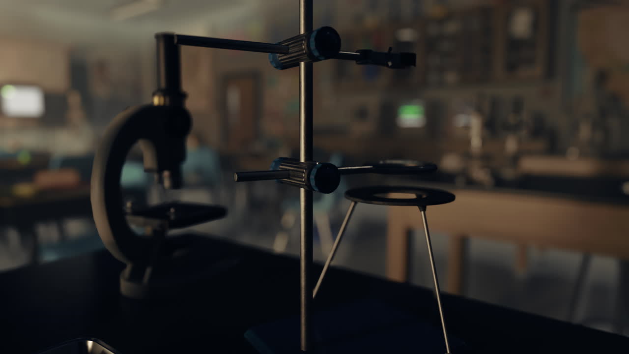 현미경 과 실험실 장비 가 있는 과학 교실