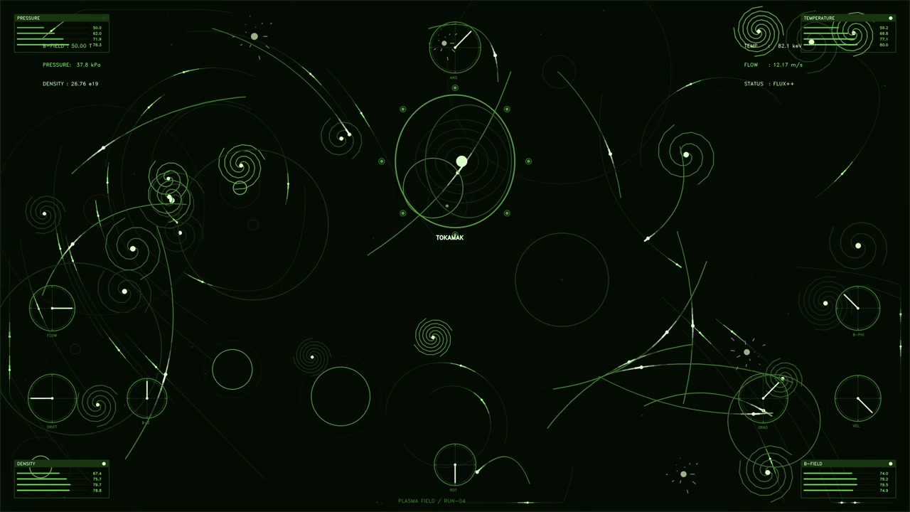 A complex green monochrome head up display shows real time data for a Tokamak nuclear fusion reactor. The interface features rotating spirals, circular gauges, and moving particle trails representing