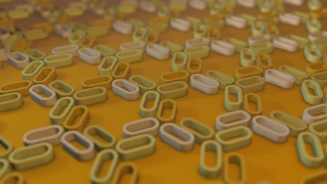 Simple minimalistic 3d loopable render of rotating extruded shapes. Sunny yellow ovals, links. Selective focus