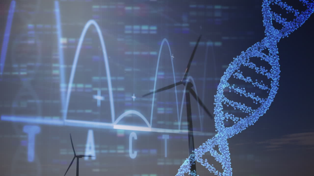 Animation of data processing and dna strand over wind turbines