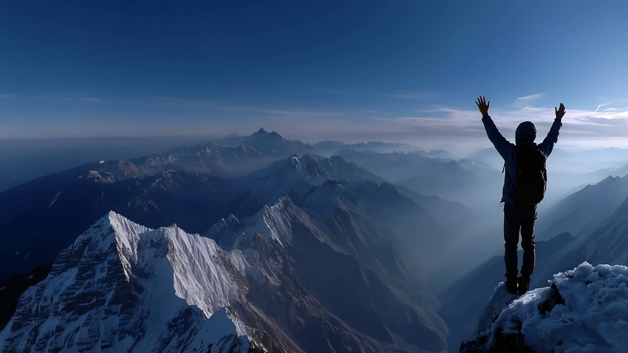 Figura in silhouette si erge su una cima innevata. Braccia alzate, il sole risplende dietro, proiettando raggi. Una vasta catena montuosa si estende sotto, nebbiosa e profonda. Vittoria, trionfo e stupore riempiono il momento.