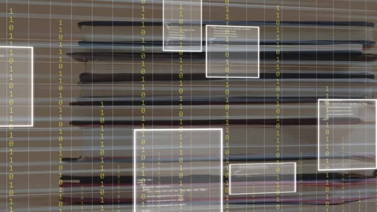 Grid aligning, digital streaks and binary columns appearing over notebook stack, visualizing data