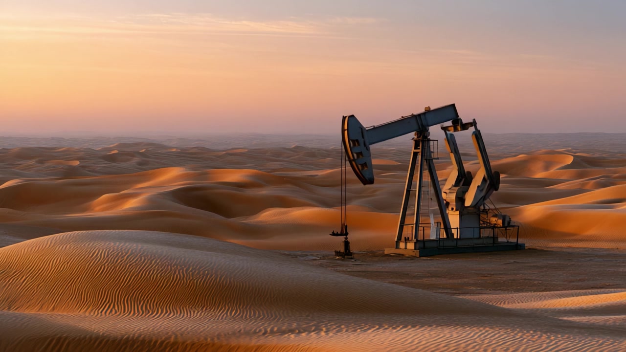 An Oil Pumpjack Against a Beautiful Sunset in an Expansive Desert Landscape, Capturing the Intersection of Industry and Nature in a Unique Setting
