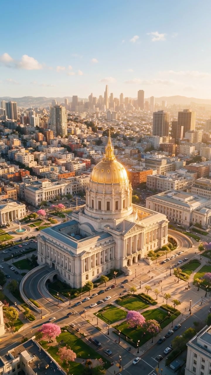 Vista aérea da cidade exibe um edifício cívico com cúpula dourada sobre ruas sinuosas, trânsito em movimento, praças adjacentes, telhados, árvores e bairros vizinhos, tudo sob uma luz dourada e quente com sombras suaves.