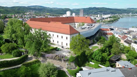 Schlossmuseum Linz On The Hill In The Old Town Of Linz, Austria. - aerial shot