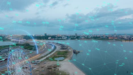 smart city aerial drone footage hologram information arches forming during network communication futuristic network and technology 5g drone low light 4k. video loop, time lapse