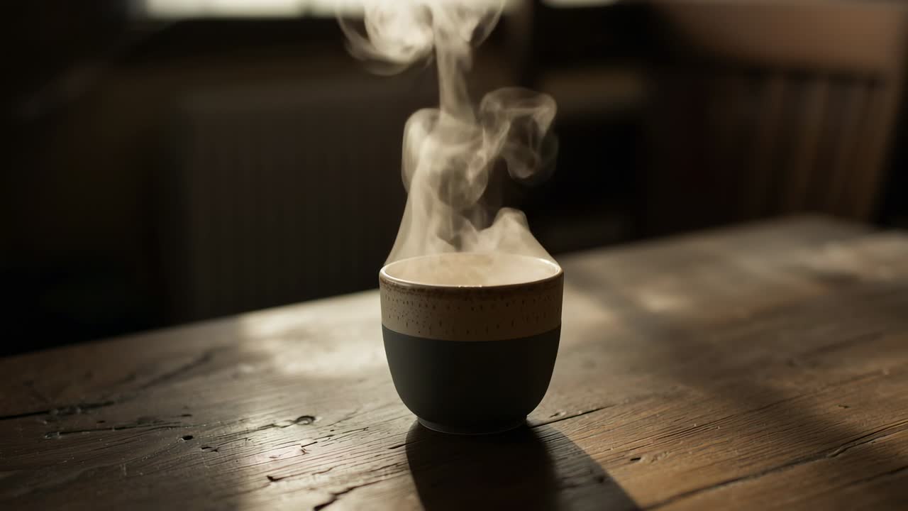 Spiraling steam rising from hot ceramic cup on wooden table by radiator and wooden chair