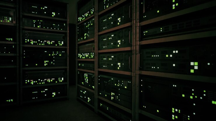 datacenter med flere rækker af fuldt operationelle serverracks