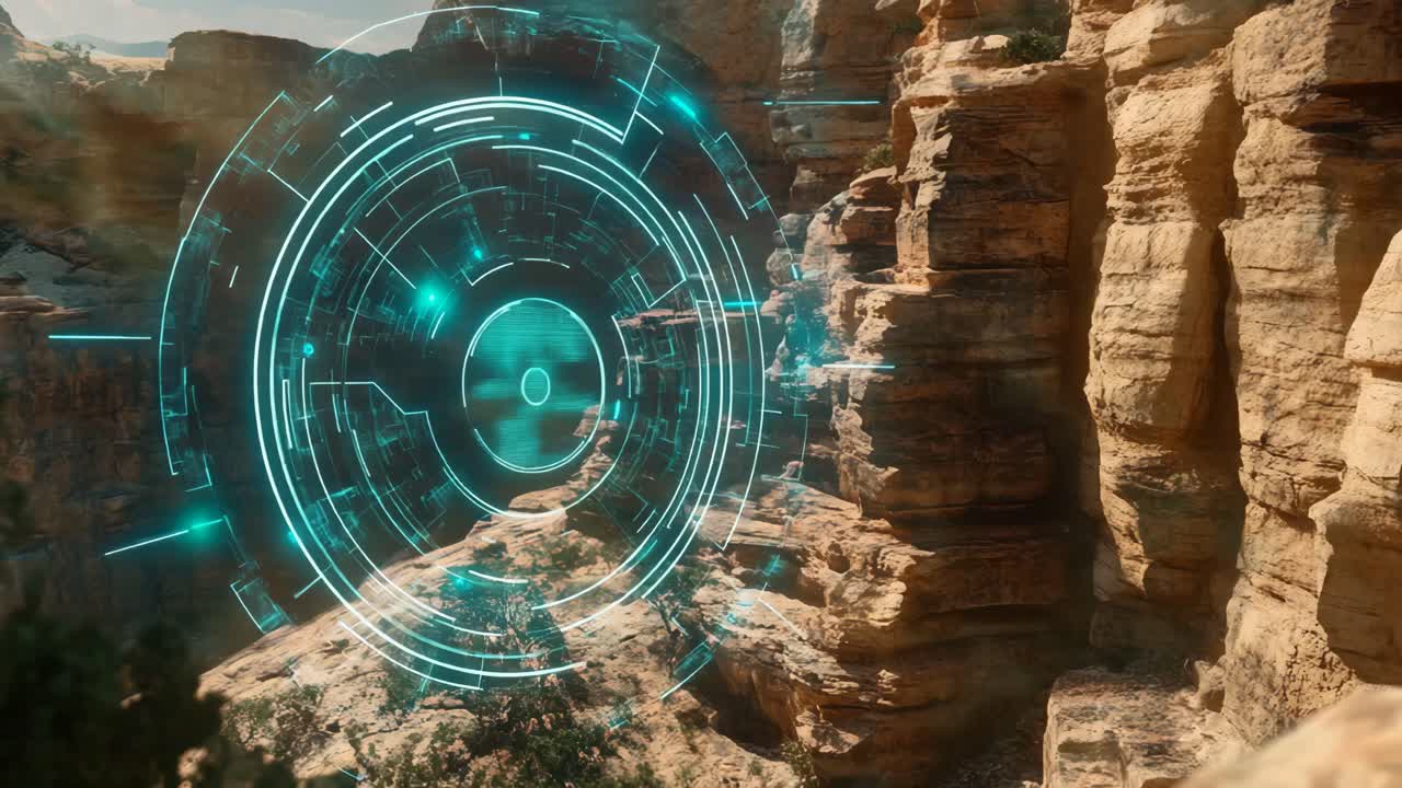 Tech Hologram Over a Canyon Landscape