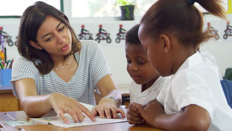 volunteer teacher helps young school kids in class, close up