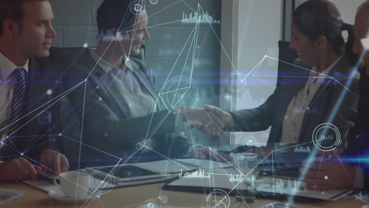 Animation of network of connections over businesswoman handshake