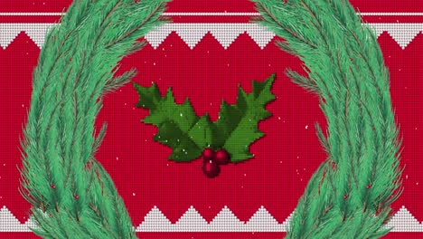 animación de la nieve cayendo sobre la decoración de navidad con una corona de abeto