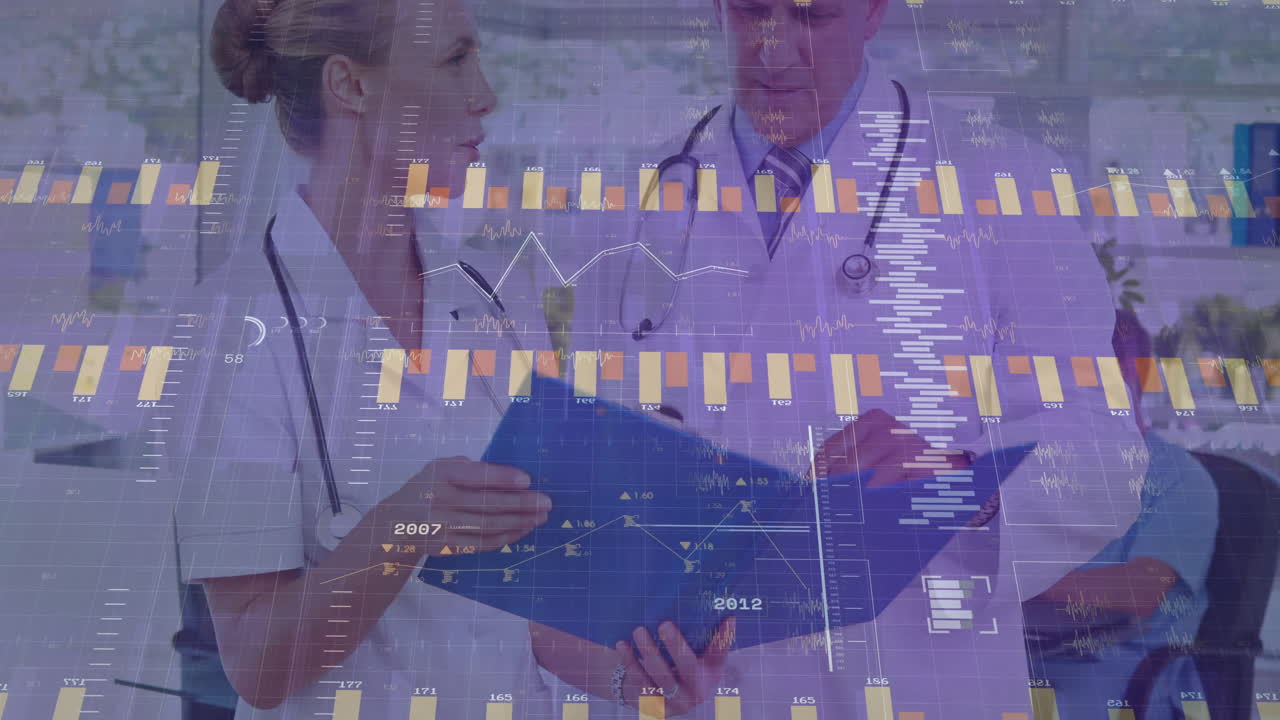 Reviewing medical records, doctors with financial data charts animation in background