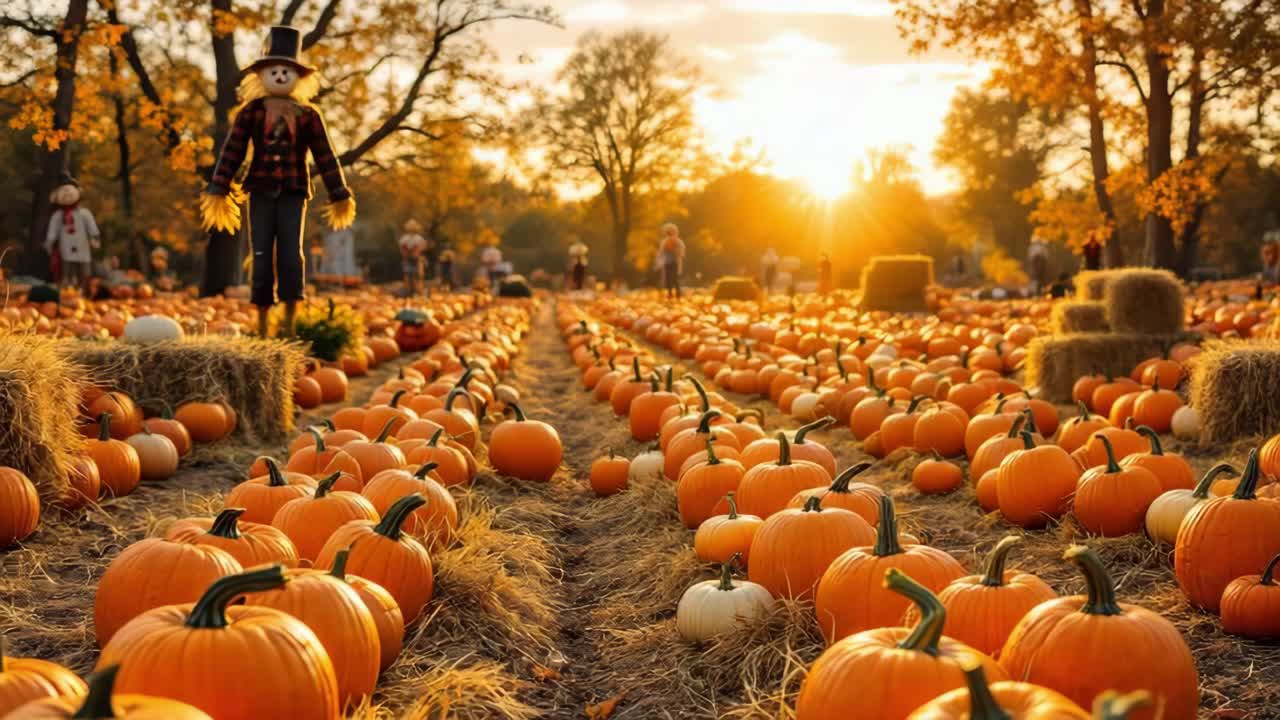 Rows of pumpkins covering a field at sunset during the autumn harvest festival, with a scarecrow standing guard and people enjoying the festivities