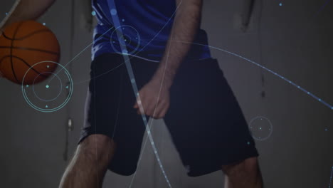 animation of networks of connections over biracial male basketball player at gym