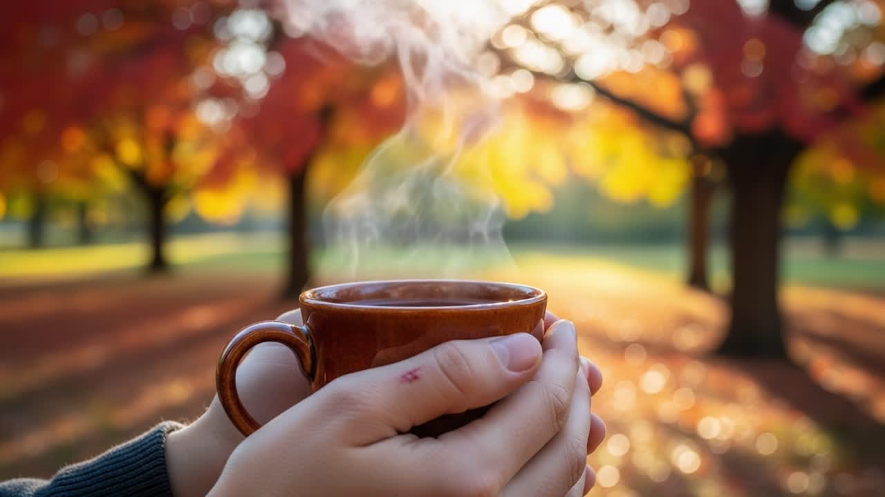 A Serene Autumn Day: Enjoying a Warm Cup of Coffee amid Vibrant Fall Foliage with Gentle Steam Rising in a Beautiful Outdoor Setting