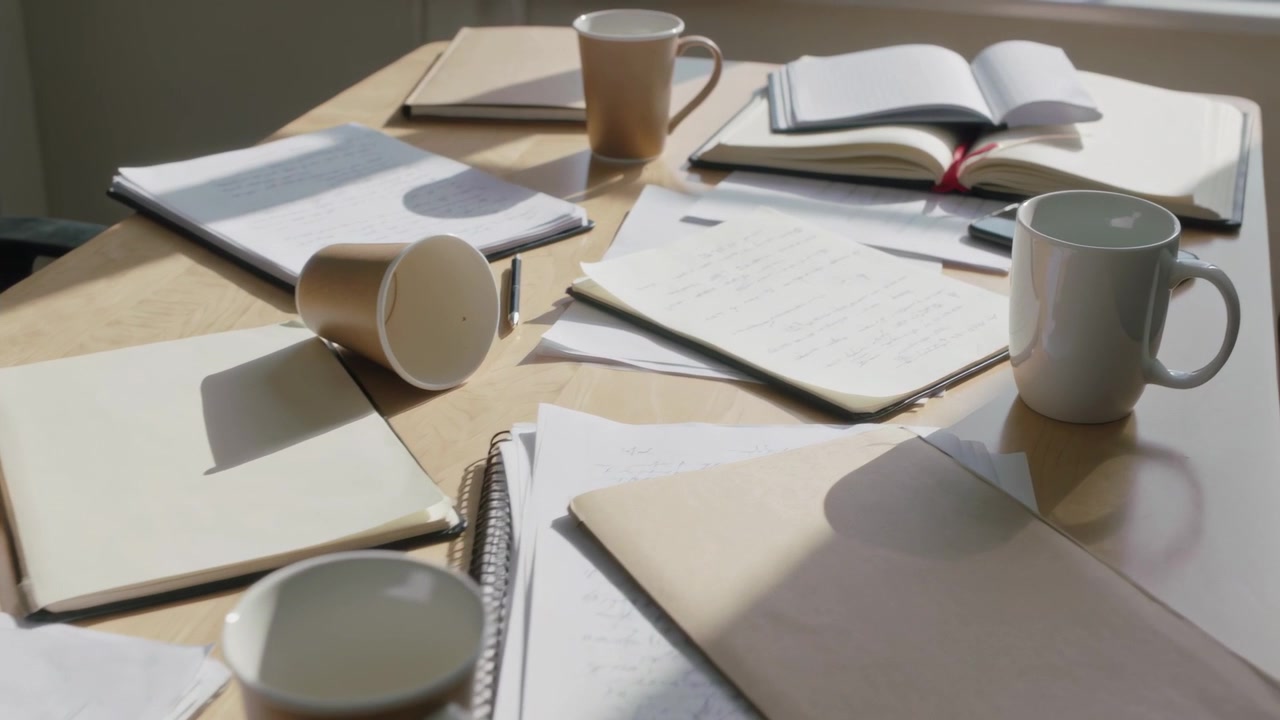 Panning camera surveying table at study desk, revealing tipped cup and open notebook for study