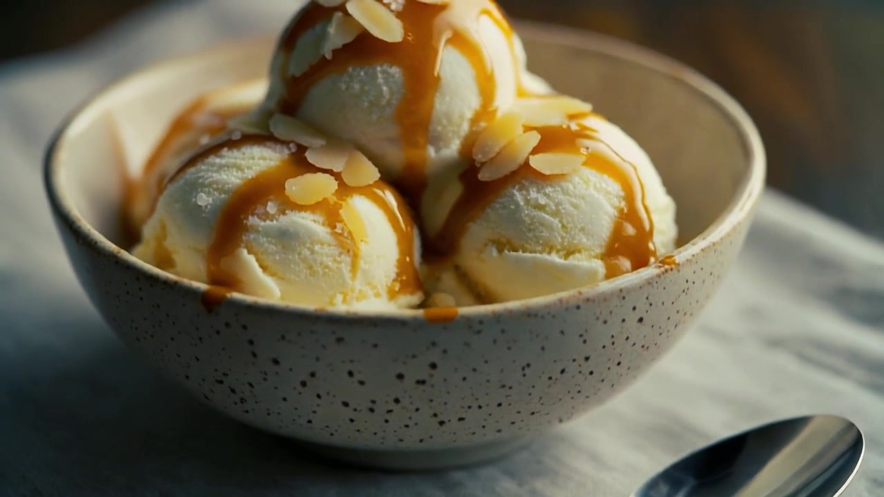 Ciotola di gelato alla vaniglia con salsa al caramello e mandorle
