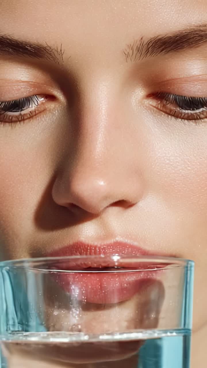 Primo piano di una giovane donna che beve acqua, che mette in risalto la bellezza naturale e l'idratazione con pelle fresca e labbra lucide in piena luce