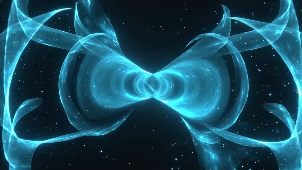 Orbiting cam showing glowing cyan ribbon twisting, folding into torus core in stars for observation
