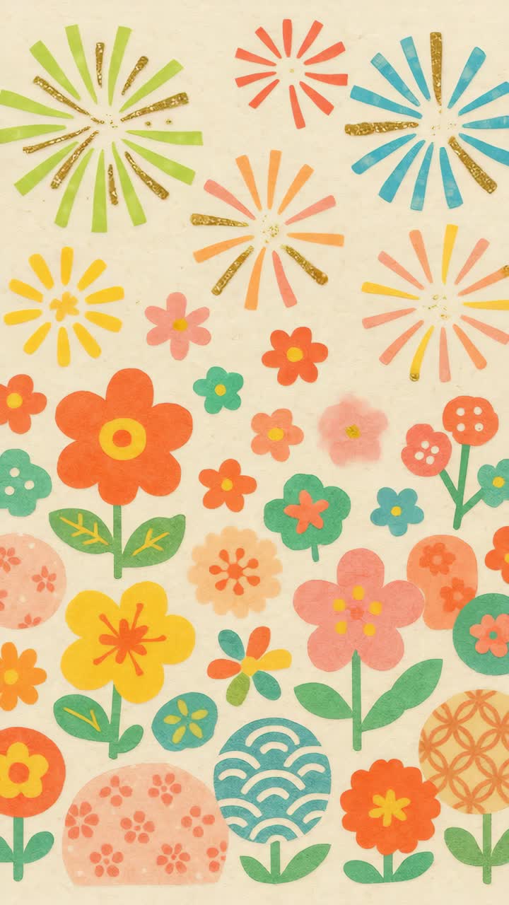 Colorful, retro-style floral and fireworks illustration, top-down angle, resembling vintage