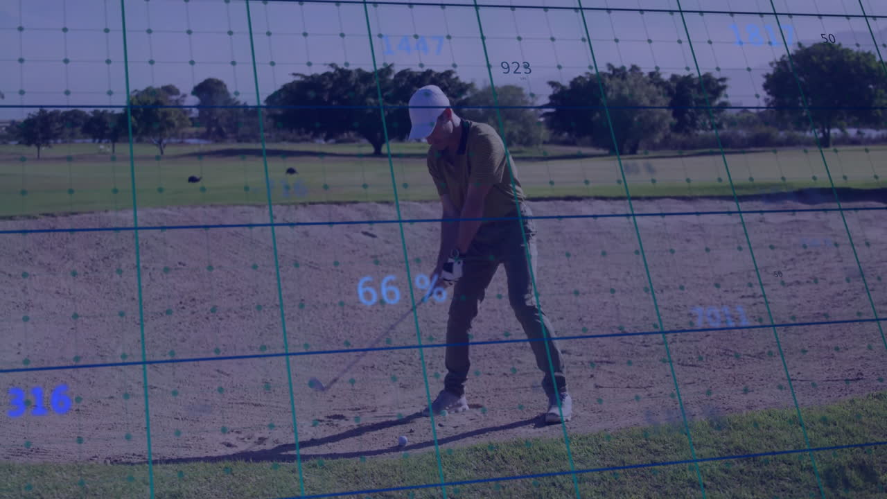 Golfer preparing swing in sand bunker, using golf tech overlay showing grid and performance metrics
