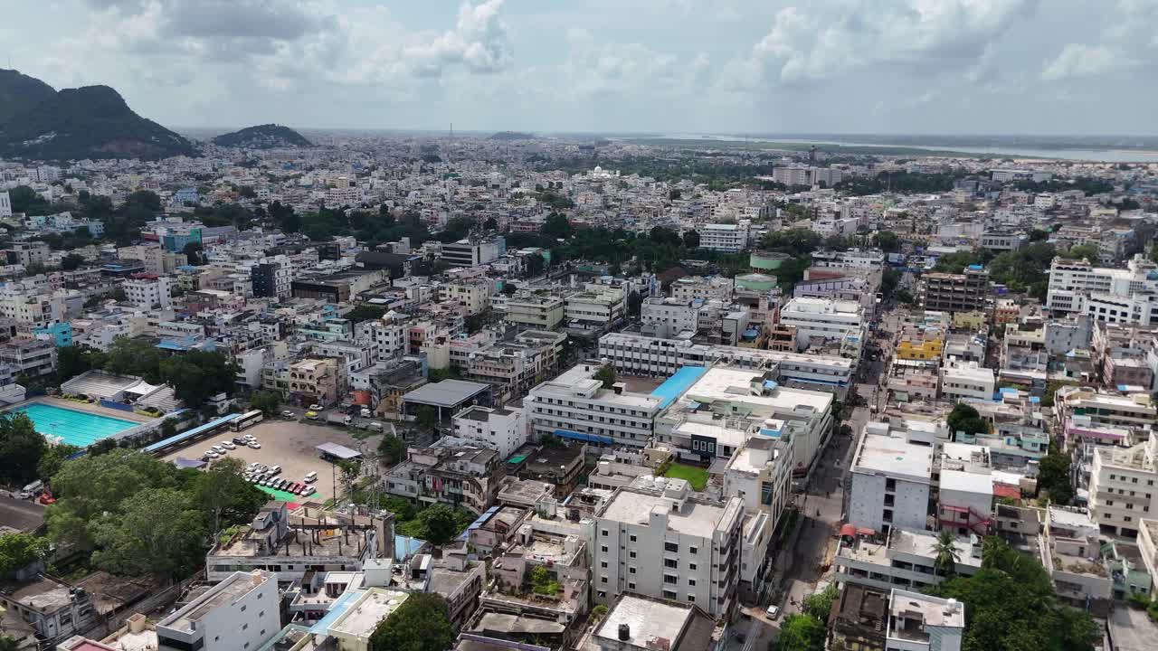 Aerial views of Vijayawada, a bustling city near the Andhra Pradesh capital of Amaravati showcase its vibrant urban landscape. Located in the heart of the Guntur district Amaravati capital.
