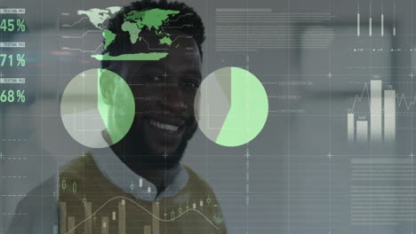 statistical data processing over portrait of african american man smiling at office