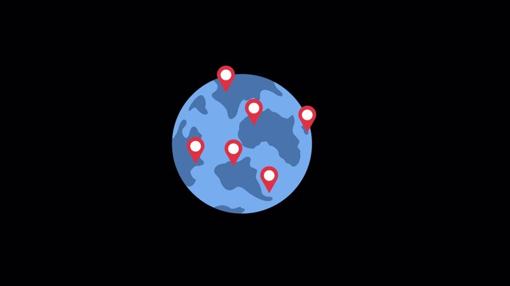 Animated Globe with Location Pins Appearing on Black Background