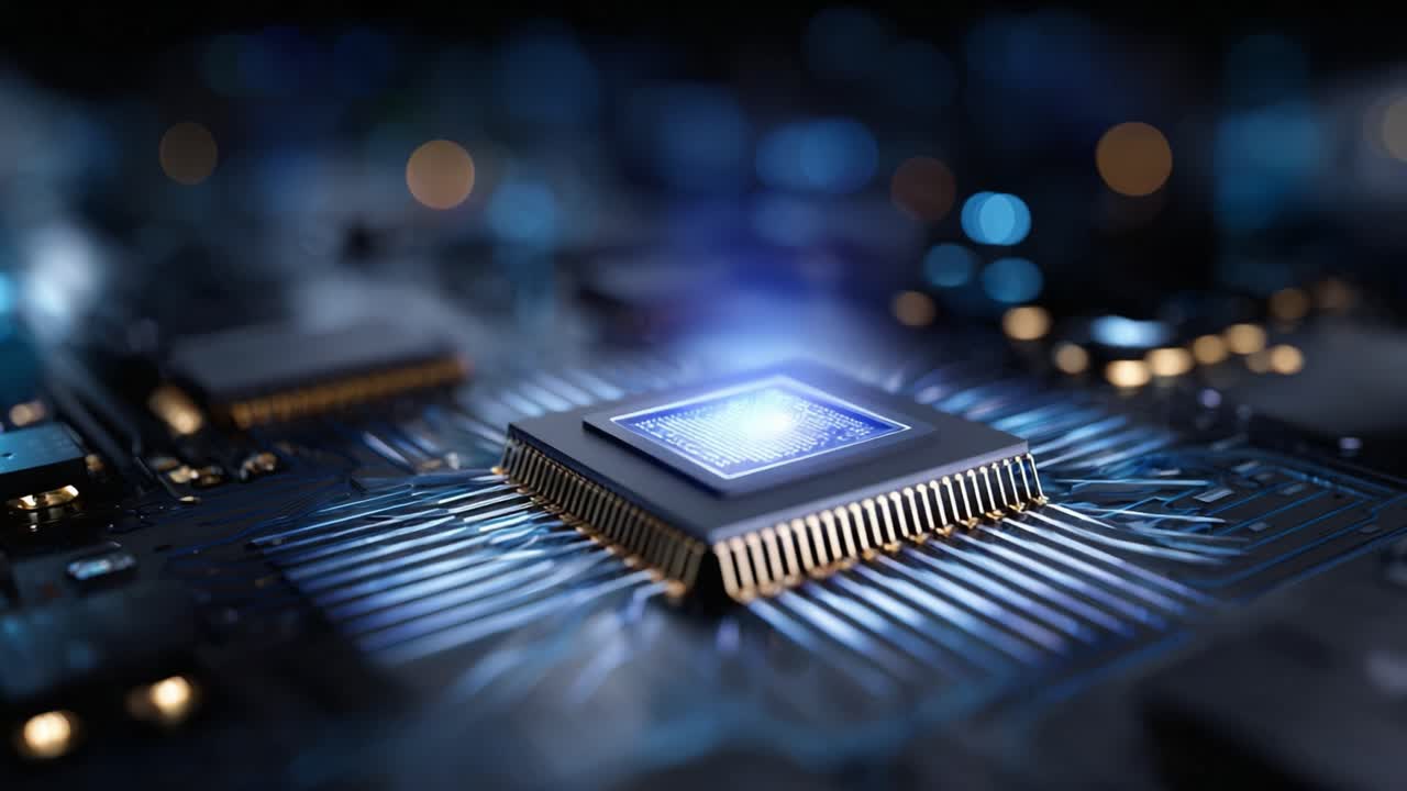 Nærbillede af en mikrochip på en printplade, der viser detaljeret kredsløb og oplyste komponenter i et højteknologisk miljø