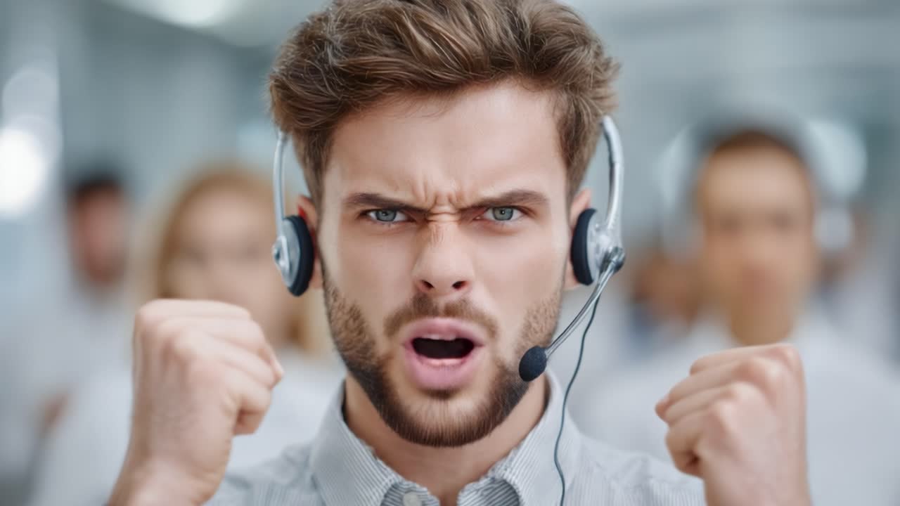 Intense Customer Service Representative Showing Strong Emotions While Engaged in a Call, Demonstrating Determination and Passion in a Dynamic Workplace Environment