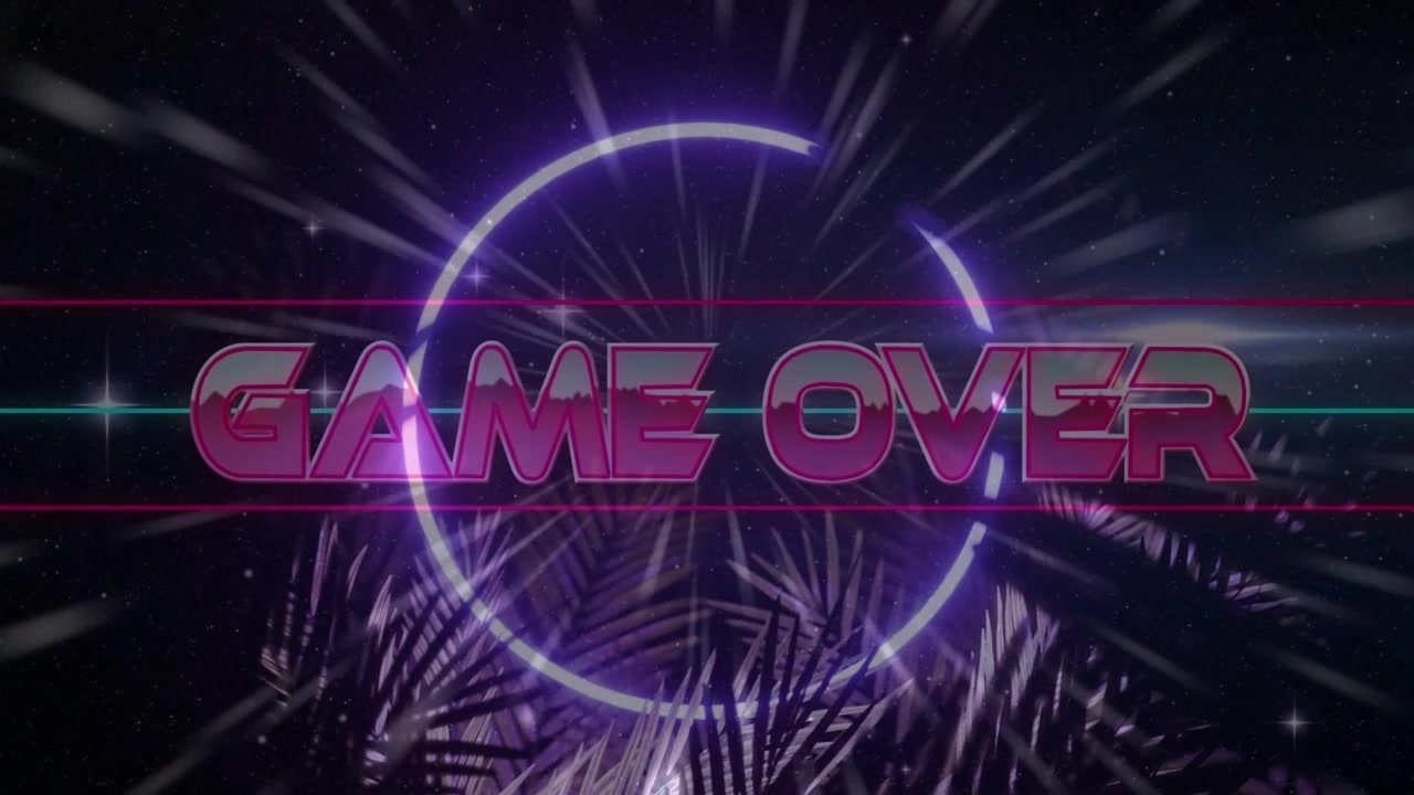3D neon 'GAME OVER' spiltitel zoomer ind, forårsager ringpuls, glidende scanningslinjer, og hænder afslutter spillet.