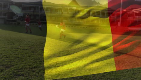 animation of flag of belgium over diverse rugby players