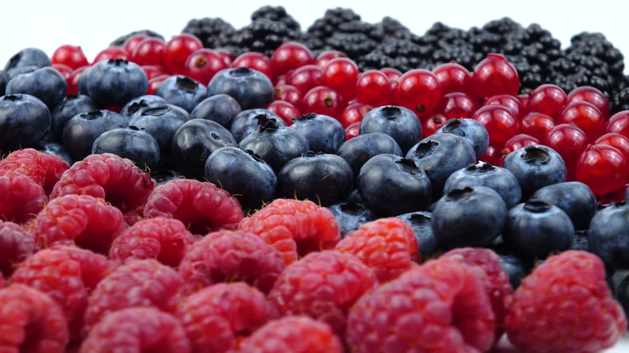 은 라즈베리, 은 수박, 블랙베리 및 큰 빌베리의 익은 원시 열매, 배경