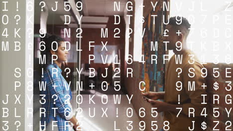 Animation of changing letters and numbers over diverse colleagues discussing work in office