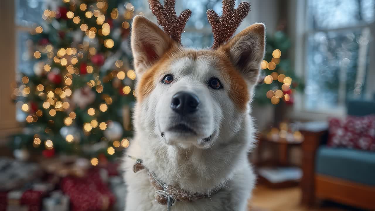 An Adorable Dog with Antlers Poses Cheerfully in Front of a Beautifully Decorated Christmas Tree, Capturing the Joy of the Festive Season
