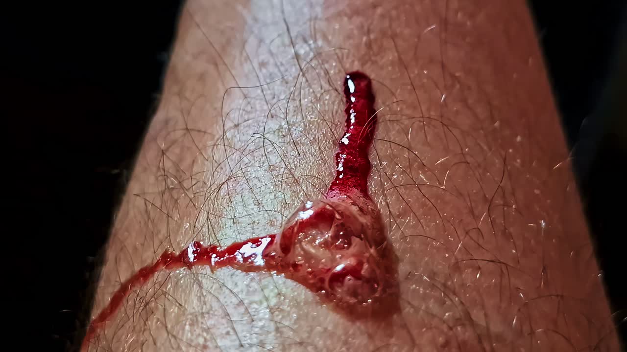 Close-up shot of fresh blood running down an injured arm with raw skin detail