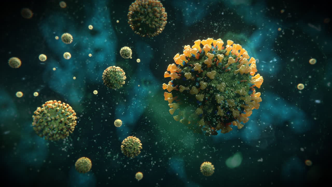 covid-19 moléculas de coronavirus - segunda ola del virus de la influenza - brote pandémico células verdes fondo azul - representación 3d 4k