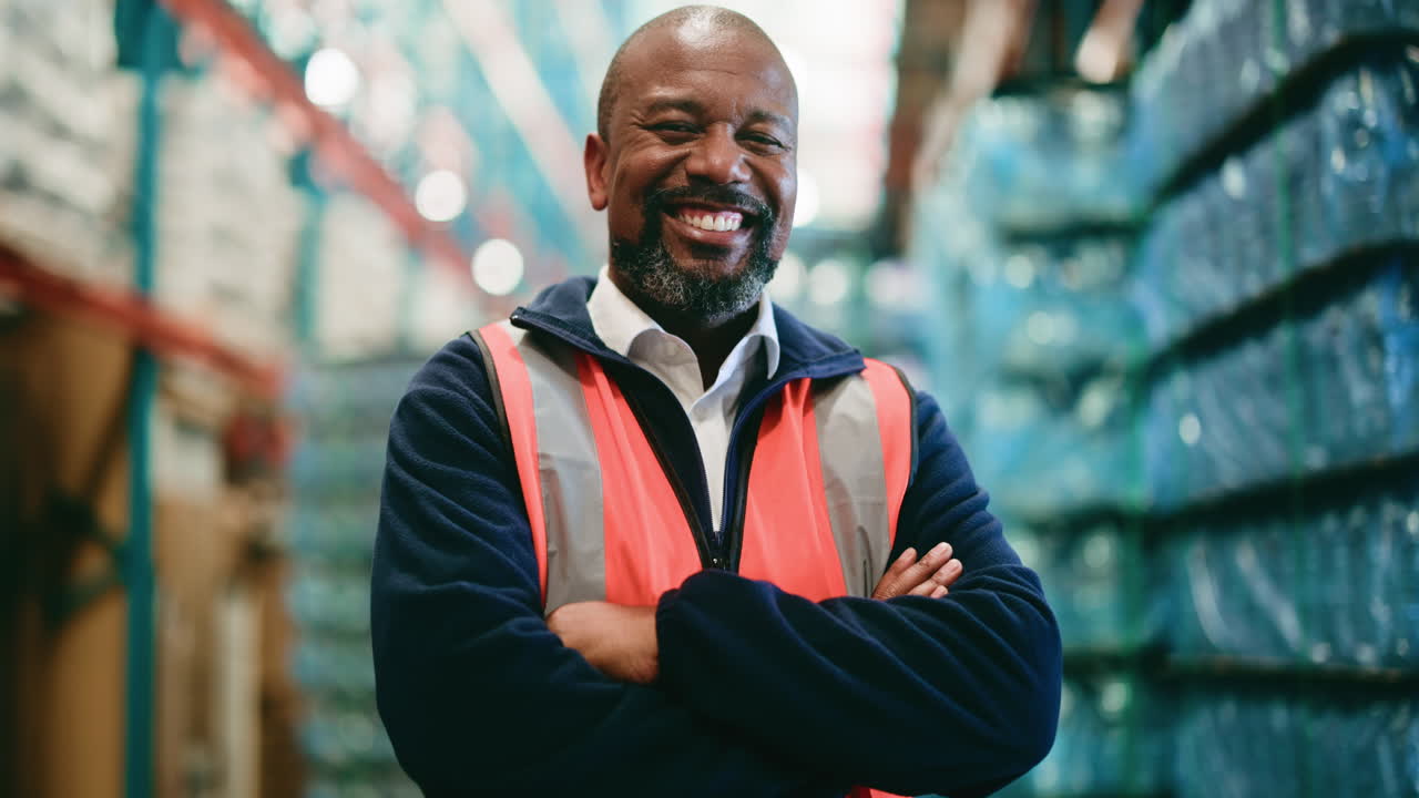 Happy African American Man Smiling in Warehouse