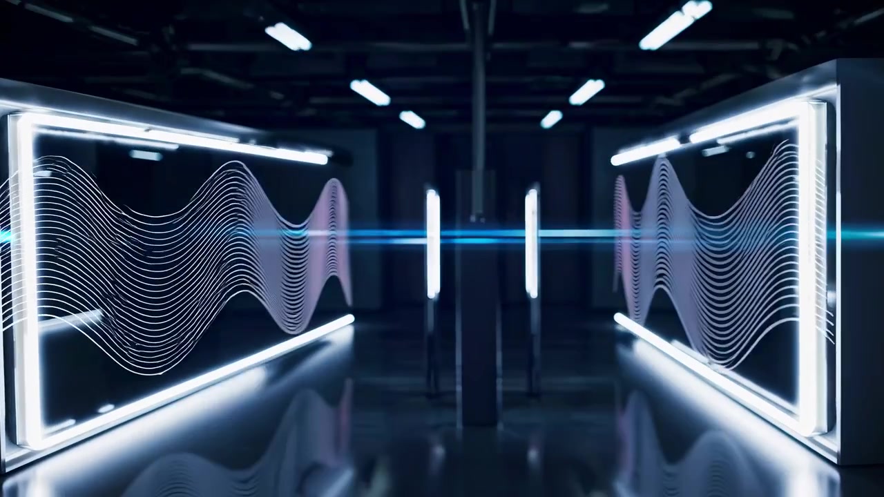 Corridoio Futuristico di Data Center con Display a Onde Digitali Animate