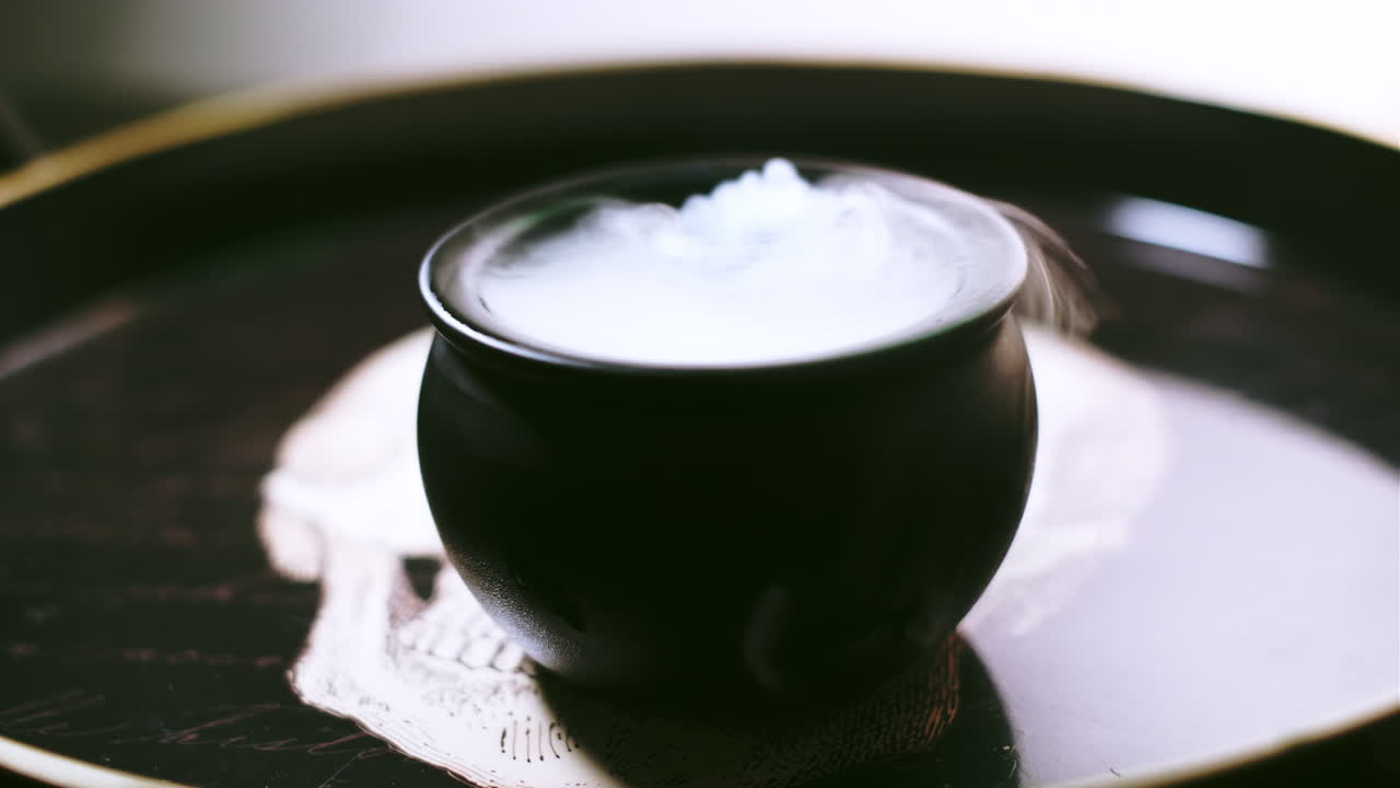 으스스한 할로윈 장면에서 녹색 물약으로 끓는 마녀의 가마솥