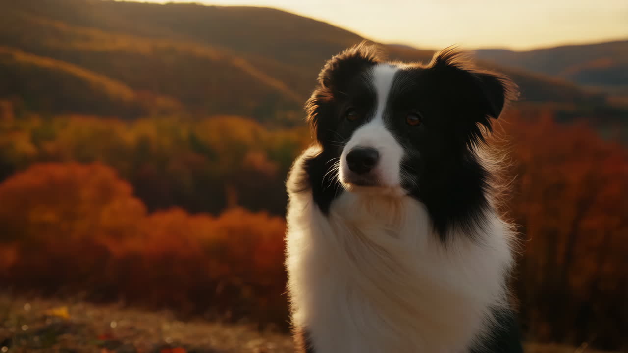 Border Collie in an Autumn Landscape at Sunset