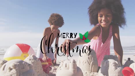 animación del texto de feliz navidad sobre el feliz hermano y hermana afroamericanos en sunny beach.