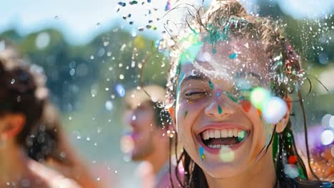 joyful young woman covered in paint and water at a festival